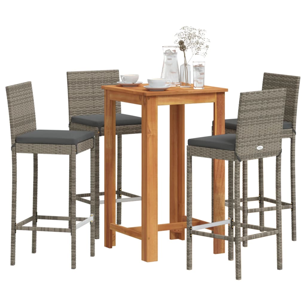 Set bar de gradina, 5 piese, gri, lemn masiv acacia/ poliratan — imaginea 2