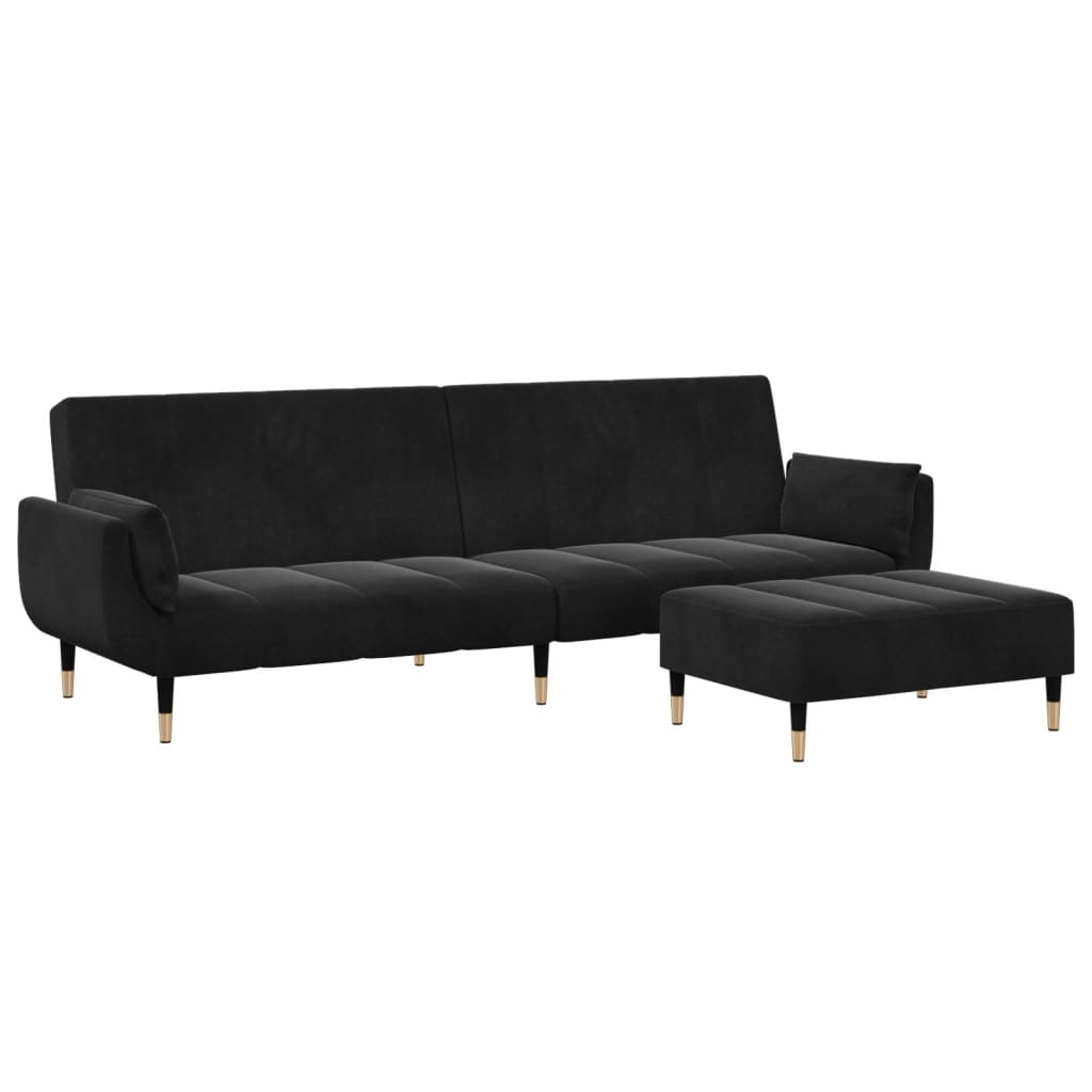 Canapea extensibila cu taburet, 2 locuri, negru, catifea