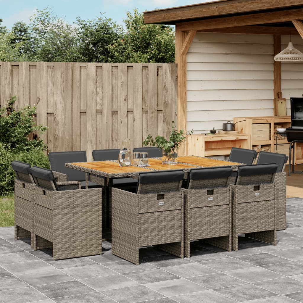 Set mobilier de gradina cu perne, 11 piese, gri, poliratan — imaginea 2