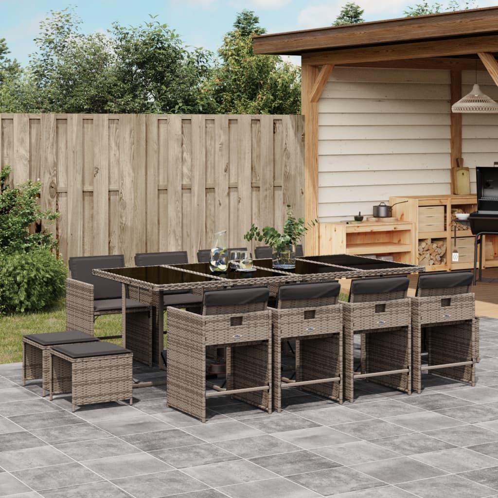 Set mobilier de gradina cu perne, 13 piese, gri, poliratan — imaginea 2