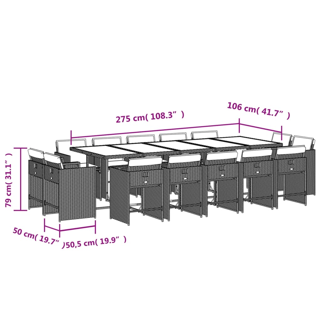 Set mobilier de gradina cu perne 15 piese gri deschis poliratan — imaginea 8
