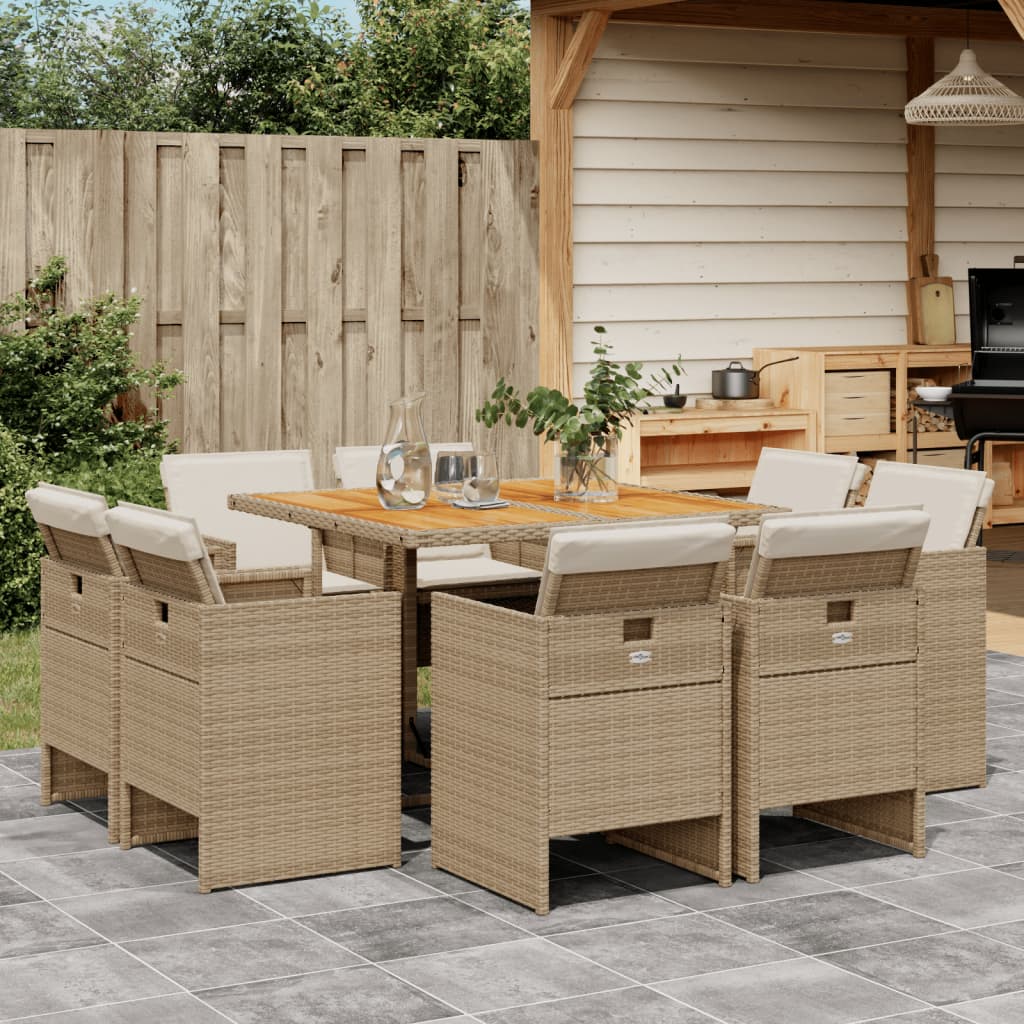 Set de masa pentru gradina, 9 piese, cu perne, bej, poliratan — imaginea 2