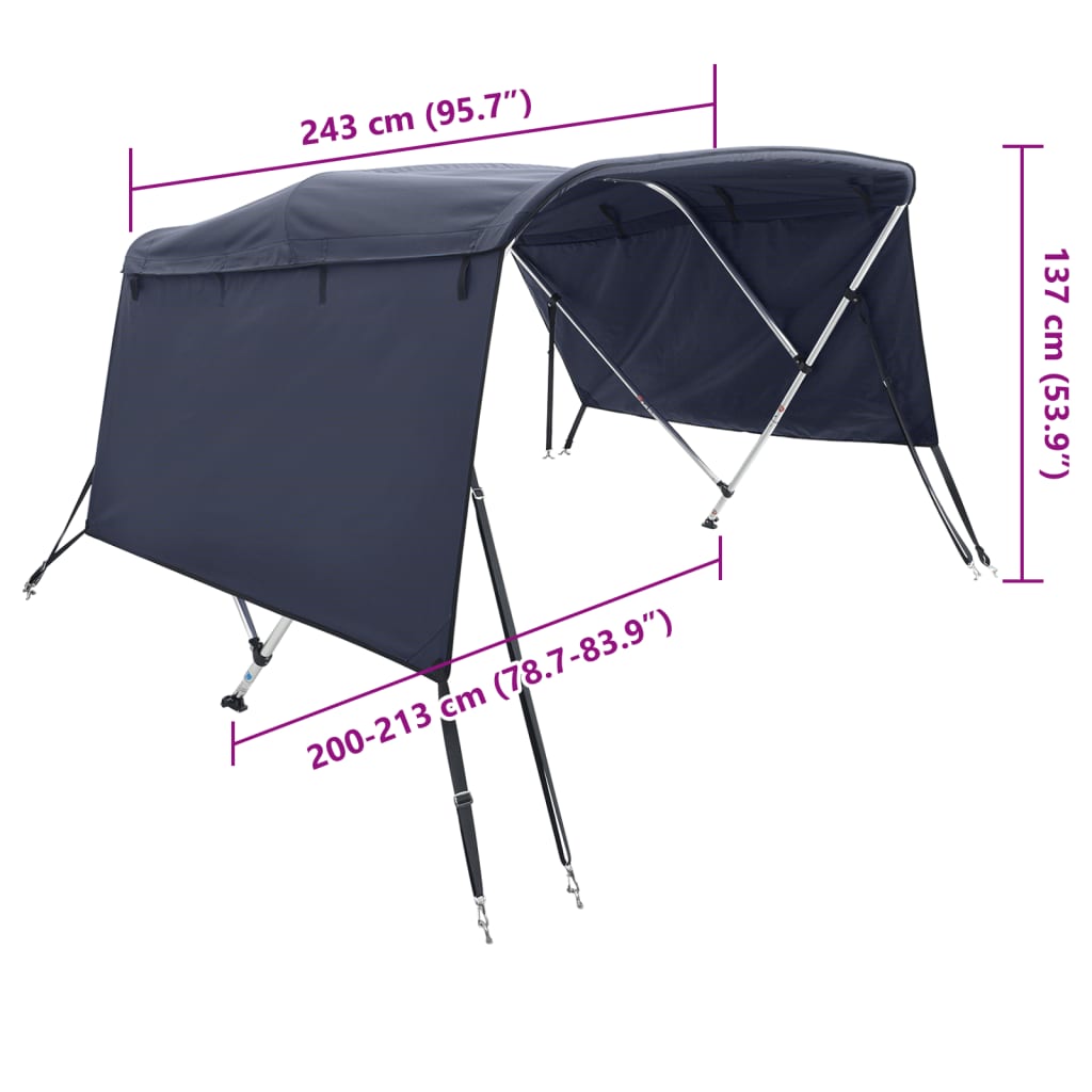 Parasolar Bimini 4 arcuri pereti laterali, 243x(200-213)x137 cm, albastru, model fără plasă