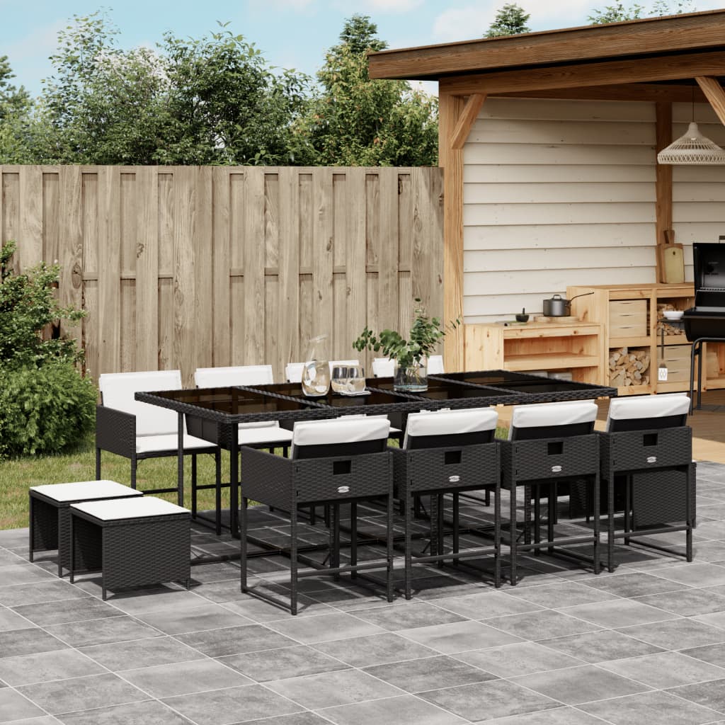 Set mobilier de gradina cu perne, 13 piese, negru, poliratan — imaginea 2