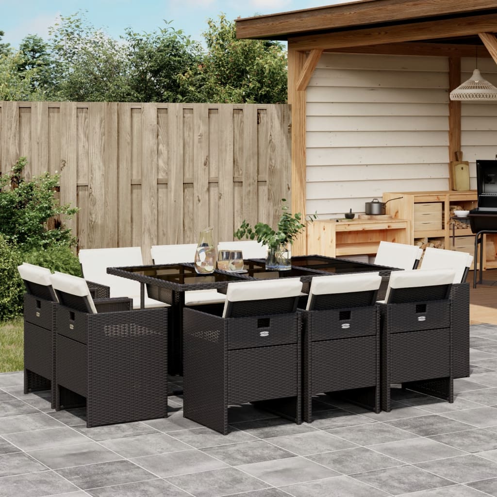 Set mobilier de exterior cu perne, 11 piese, negru, poliratan — imaginea 2