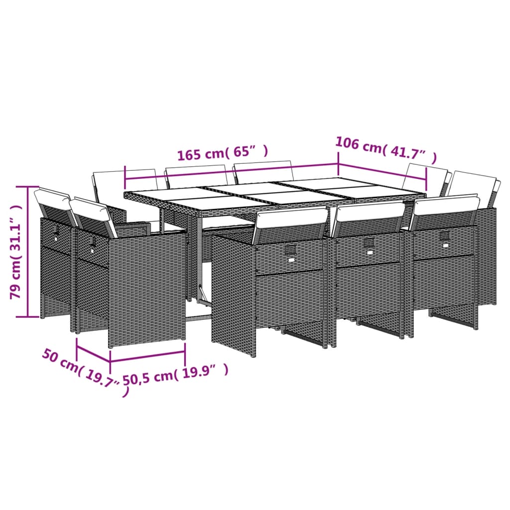 Set mobilier de exterior cu perne, 11 piese, negru, poliratan — imaginea 8