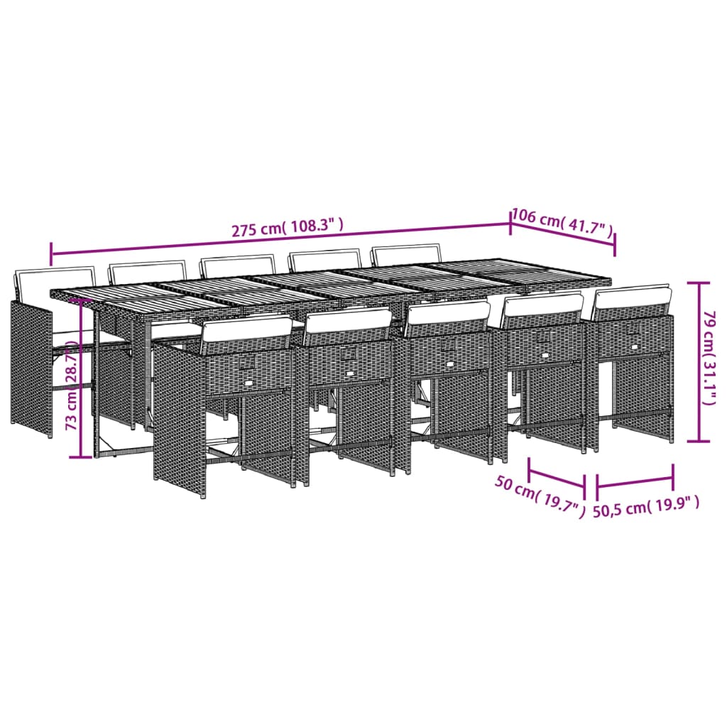 Set mobilier de gradina cu perne, 11 piese, gri, poliratan — imaginea 9
