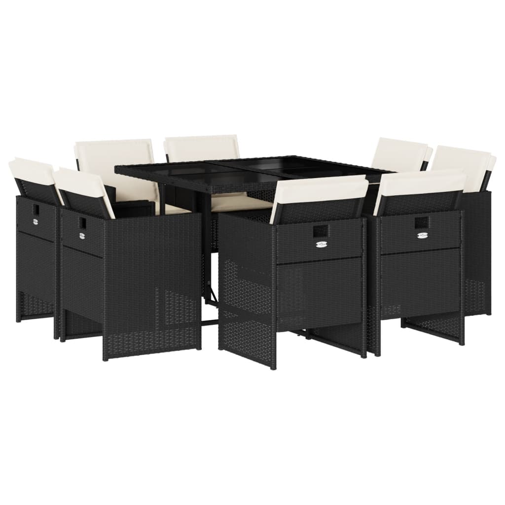 Set mobilier de gradina cu perne, 9 piese, negru, poliratan