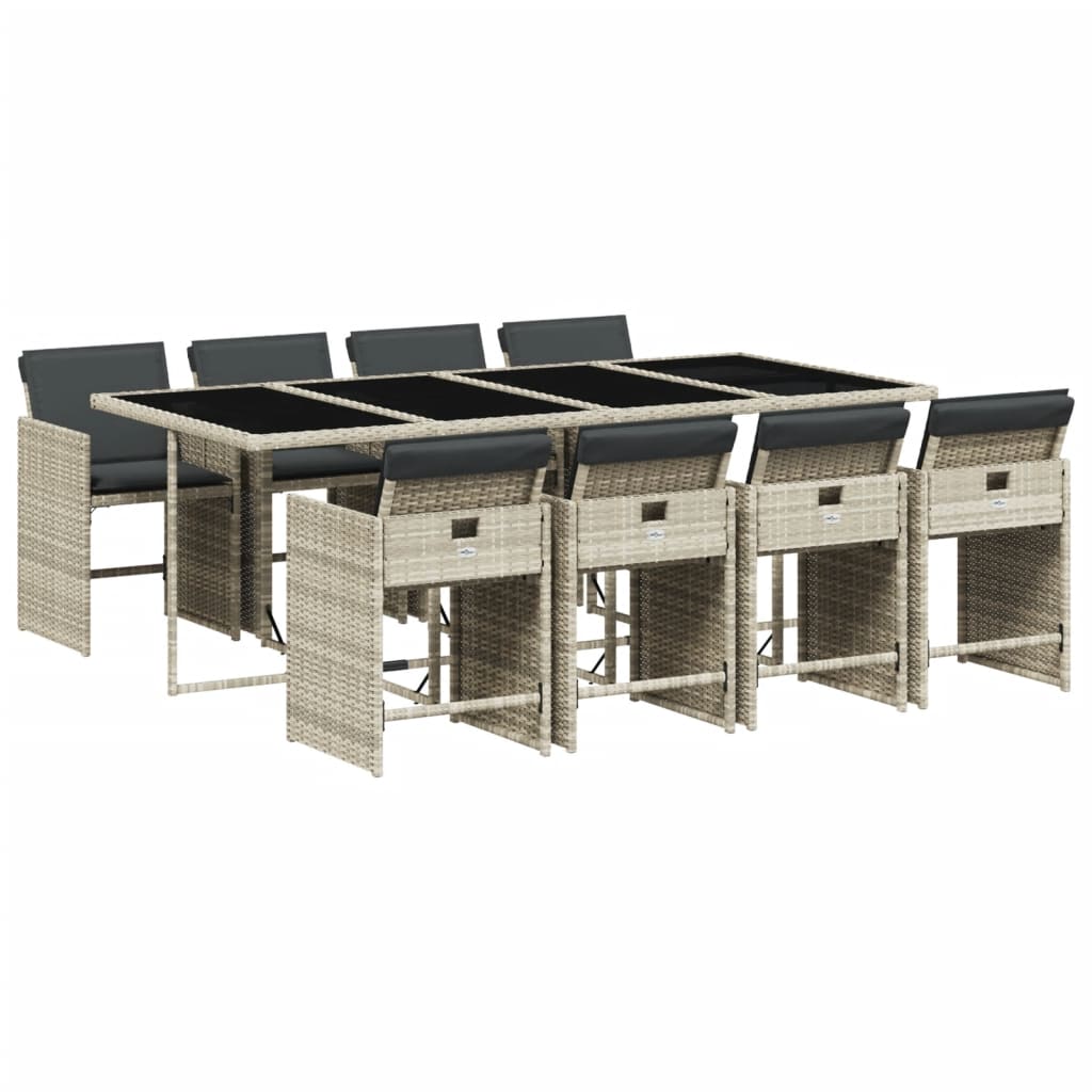 Set mobilier gradina cu perne, 9 piese, gri deschis, poliratan