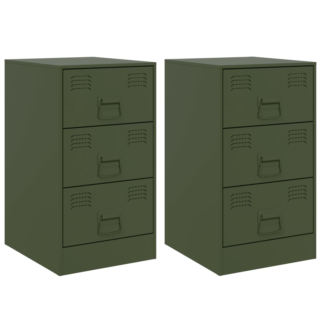 Noptiere, 2 buc., verde olive, 34,5x39x62 cm, otel