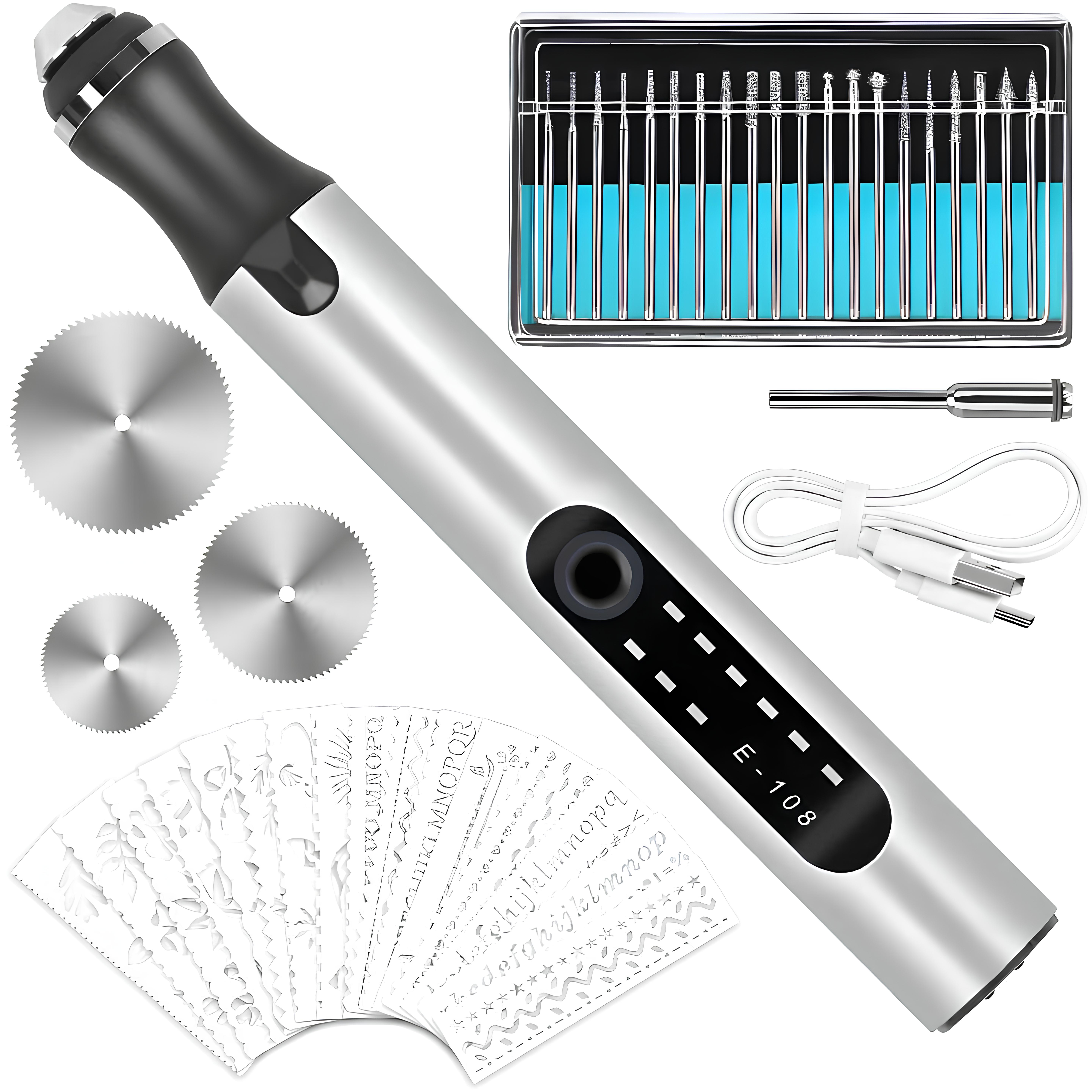 Aparat multifunctional pentru gravat, Metal, Sticla, Piatra, Piele, Lemn, reincarcabil usb, 3.6V, 8W, 18000 RPM,Argintiu - 3 | YEO
