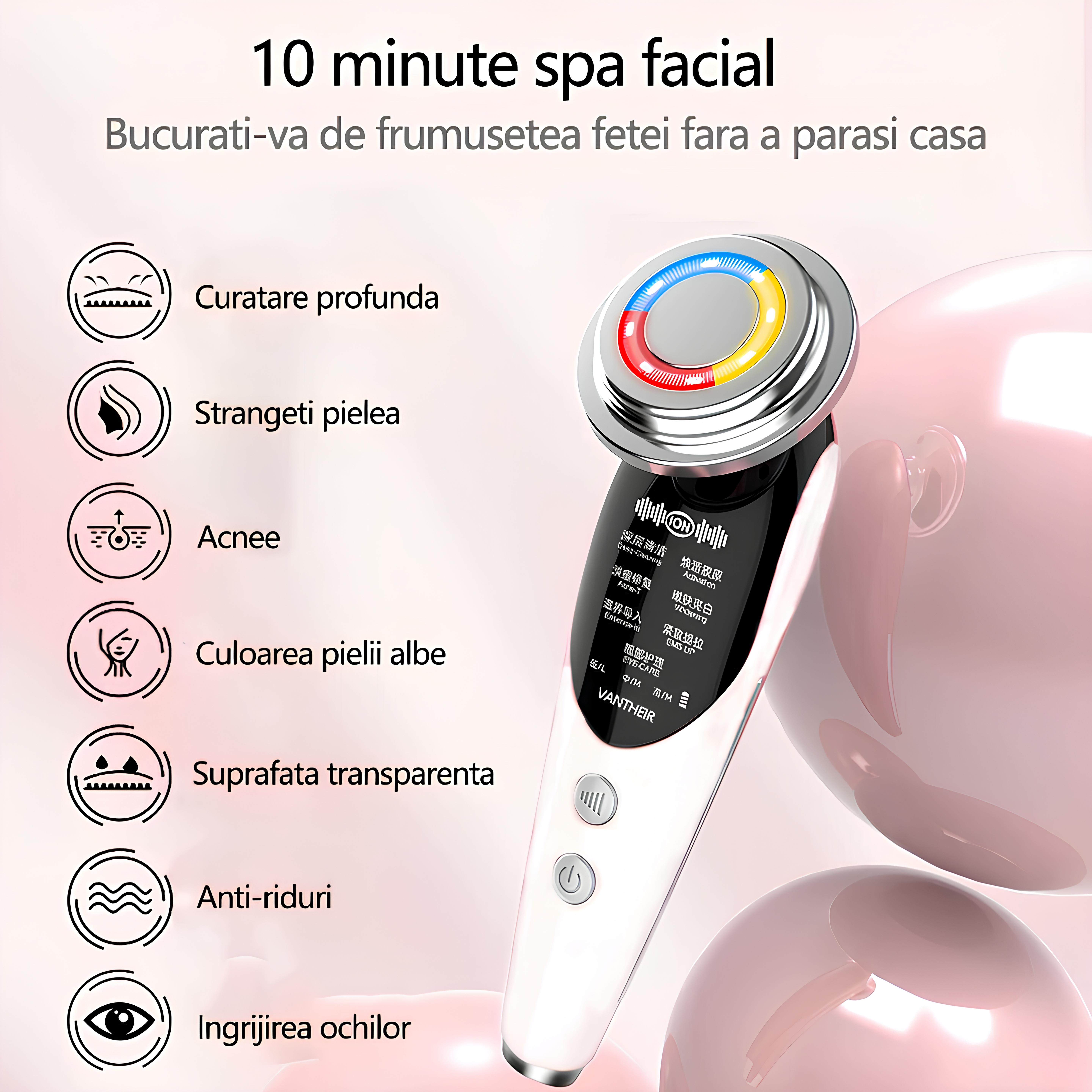 Aparat profesional pentru tratament facial si intretinerea pielii 7 in 1, Stimulare EMS, Masaj facial, Lifting, Alb