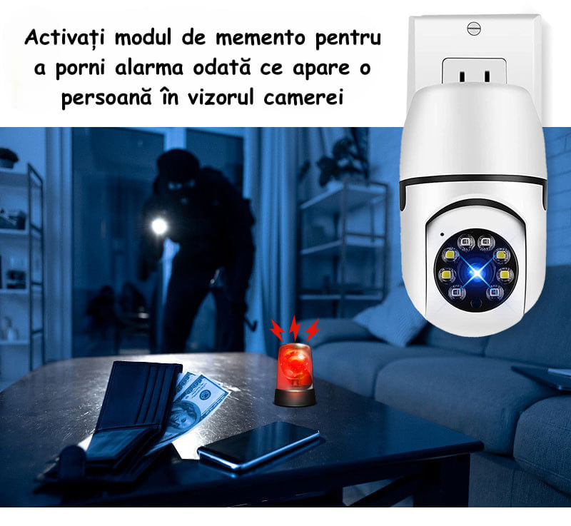 Camera de Supraveghere ambrasmart HD 360°, WiFi, Vedere Nocturna, Interfon Vocal, Conectare priza, Interior si Exterior