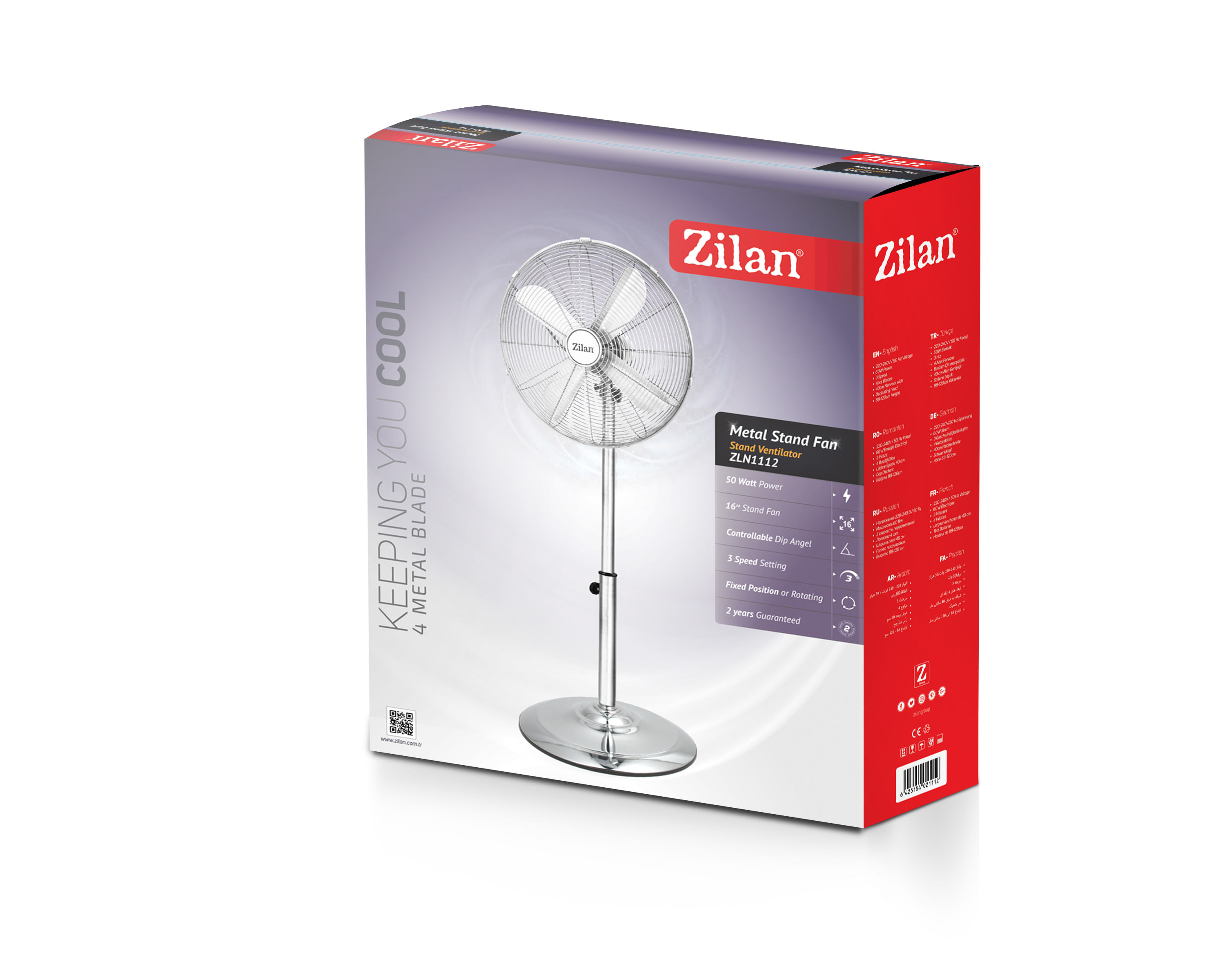 Ventilator inox cu picior ZİLAN ZLN-1112 , Putere 50 W, cu 3 trepte de viteza, oscilatie automata, debit 6000mc/h