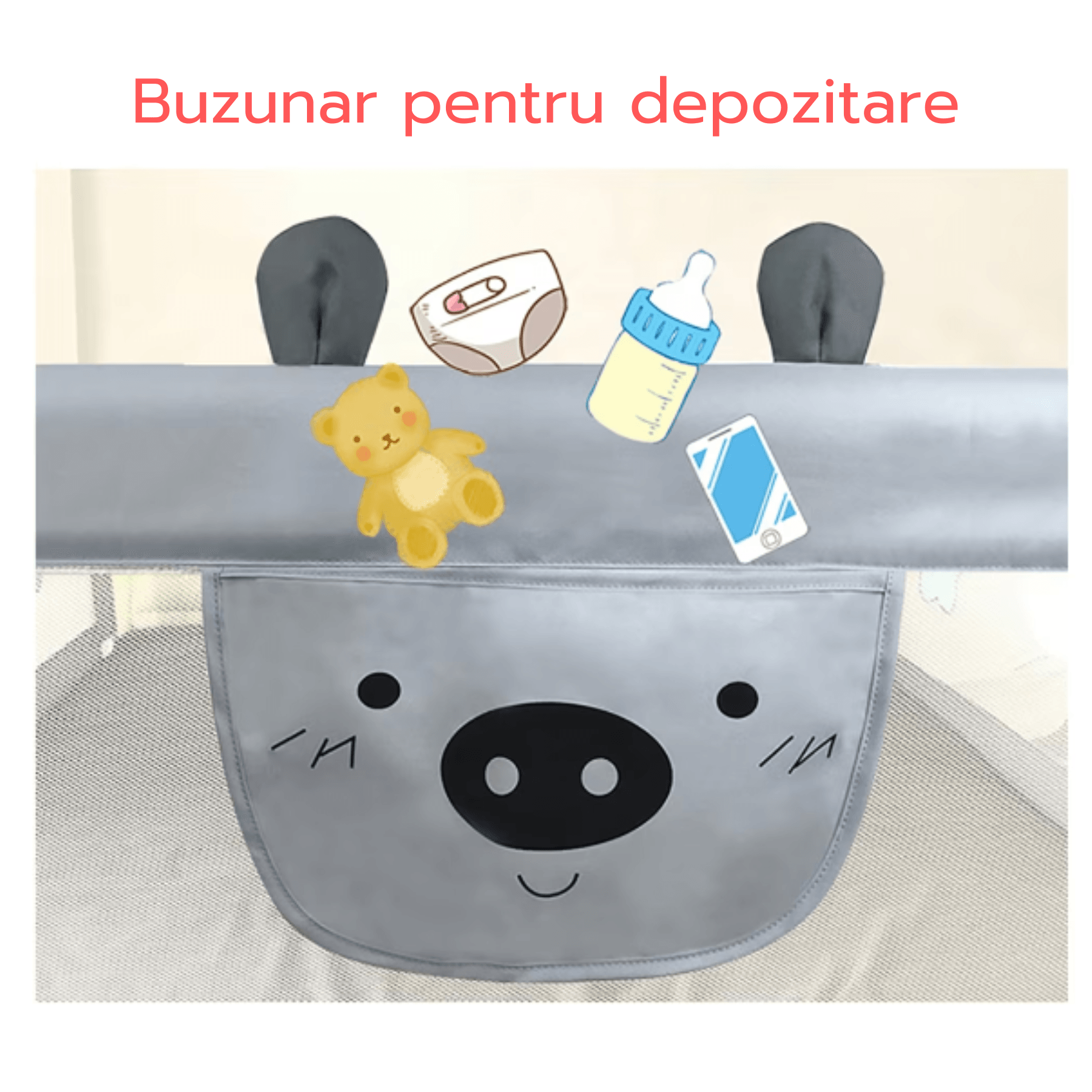 Bariera protectie pat HappyKID culisanta XXL 180 cm Baby Bear, inaltime reglabila 68-98 cm