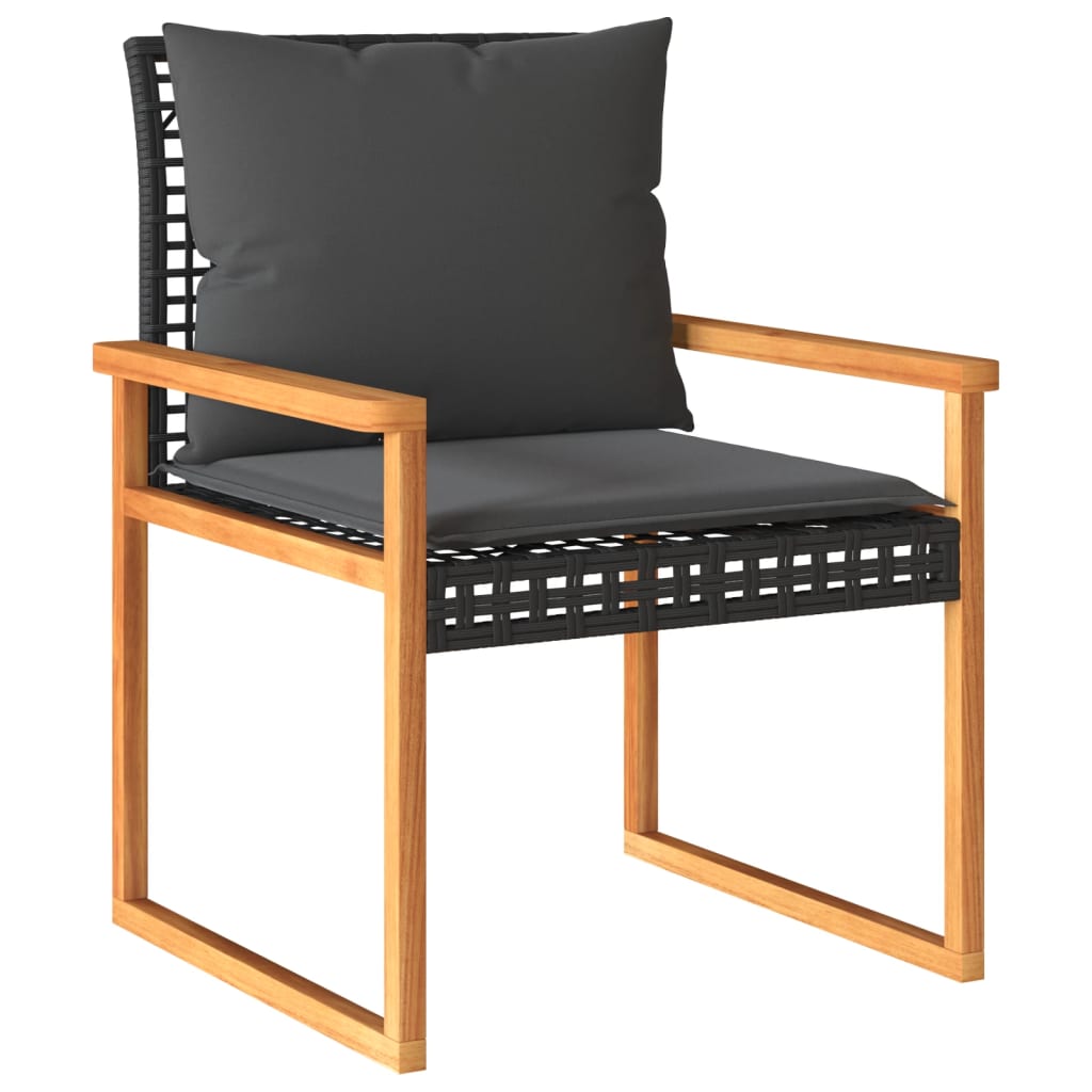 Set bistro cu perne, 3 piese, negru, poliratan si lemn acacia — imaginea 4