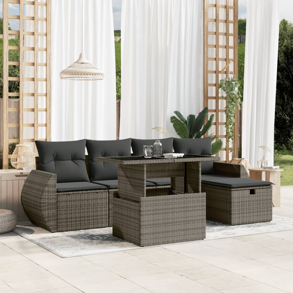 Set mobilier gradina cu perne, 6 piese, gri, poliratan — imaginea 2