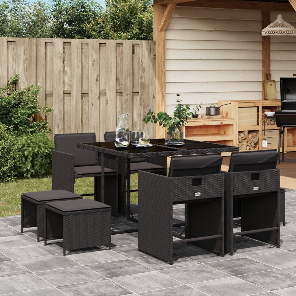 Set mobilier de gradina cu perne, 9 piese, negru, poliratan — imaginea 2