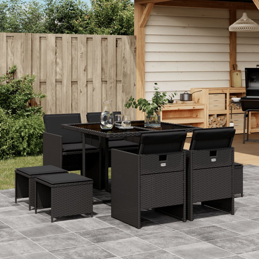 Set mobilier de gradina cu perne, 9 piese, negru, poliratan — imaginea 2