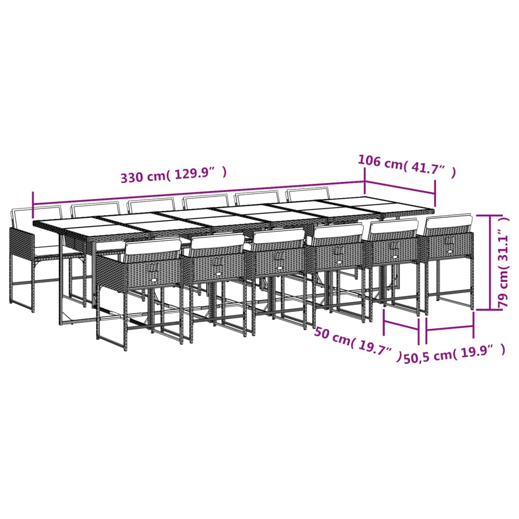 Set mobilier de gradina cu perne, 13 piese, gri, poliratan — imaginea 9