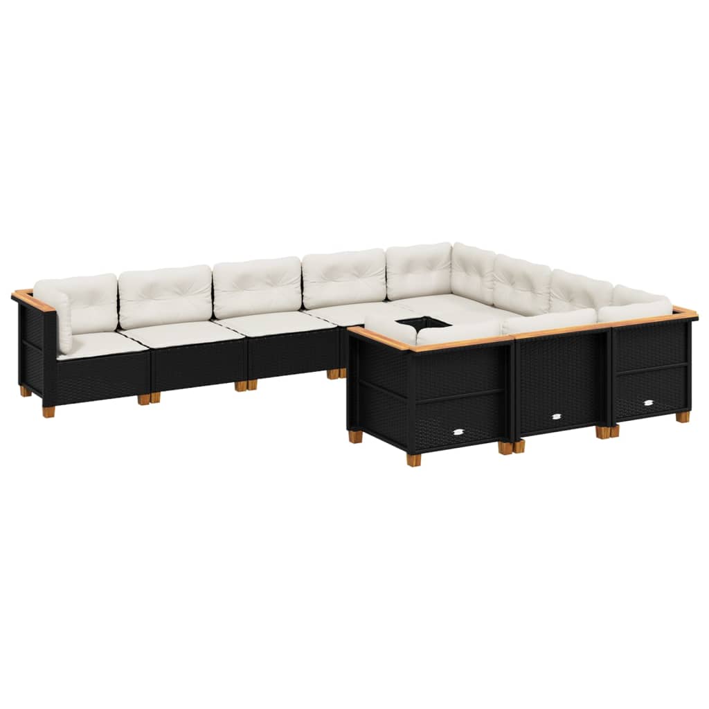 Set canapele de gradina cu perne, 10 piese, negru, poliratan
