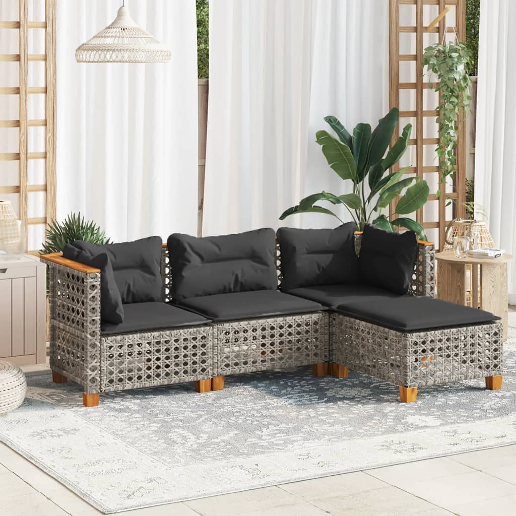 Set canapea de gradina cu perne, 4 piese, gri, poliratan — imaginea 2