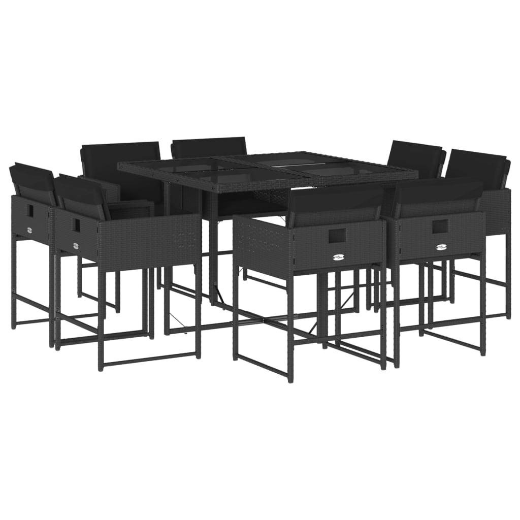 Set mobilier de gradina cu perne, 9 piese, negru, poliratan