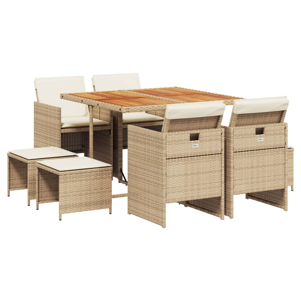 Set de masa pentru gradina, 9 piese, cu perne, bej, poliratan