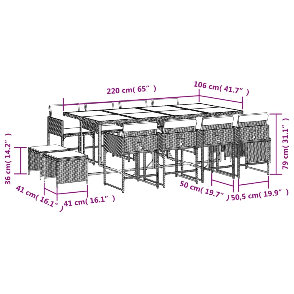 Set mobilier de gradina cu perne, 13 piese, negru, poliratan — imaginea 11