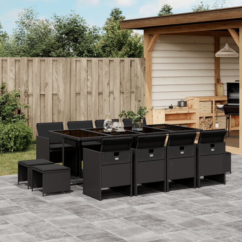 Set mobilier de gradina cu perne, 13 piese, negru, poliratan — imaginea 2