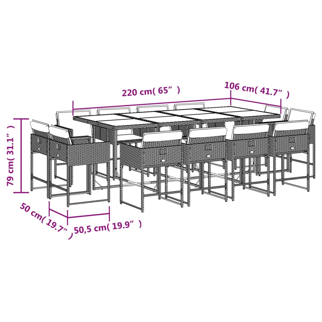 Set mobilier de gradina cu perne, 13 piese, gri, poliratan — imaginea 8