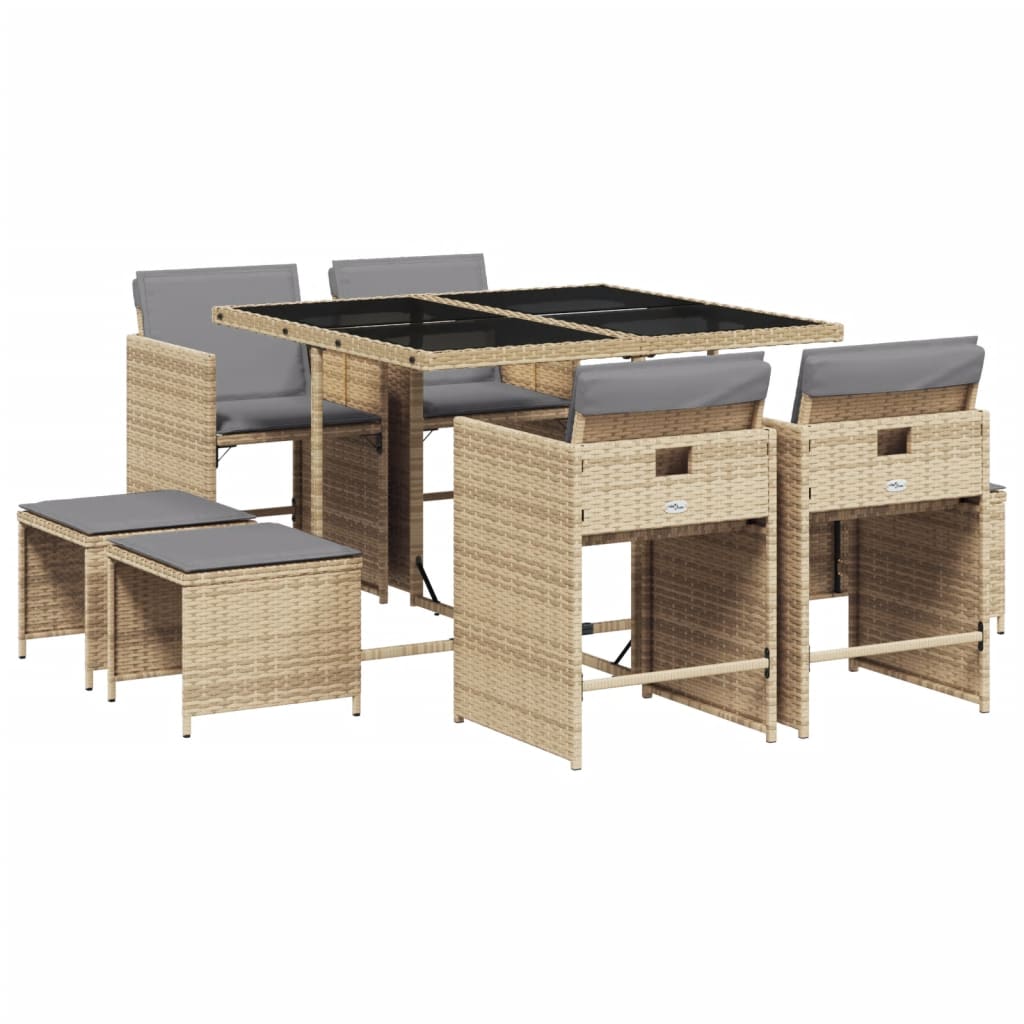 Set de masa pentru gradina, 9 piese, cu perne, bej, poliratan
