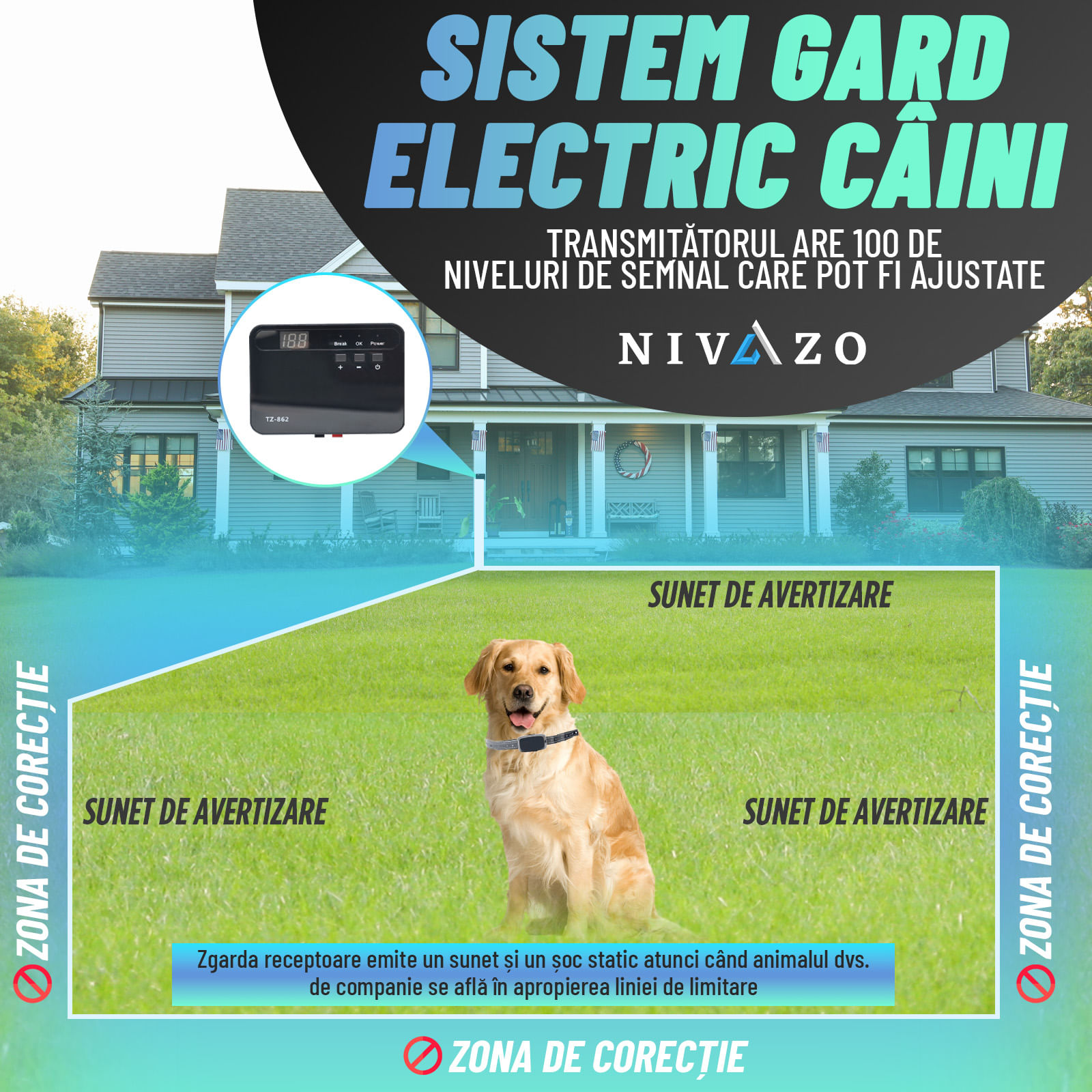 Gard invizibil pentru caini NVZ-862, 2 zgarzi cu transmitator, rezistenta la apa, sistem gard invizibil - imagine 4