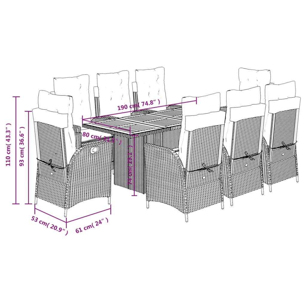Set mobilier de gradina cu perne, 9 piese, negru, poliratan — imaginea 12