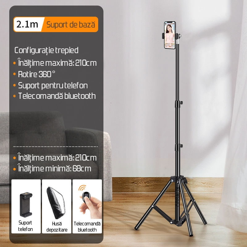 Trepied Telescopic, Pentru Telefon/Camera Foto, Telecomanda Bluetooth, Rotire 360°, H68-210cm, Husa, Aluminiu, OBRALIX® - 4 | YEO