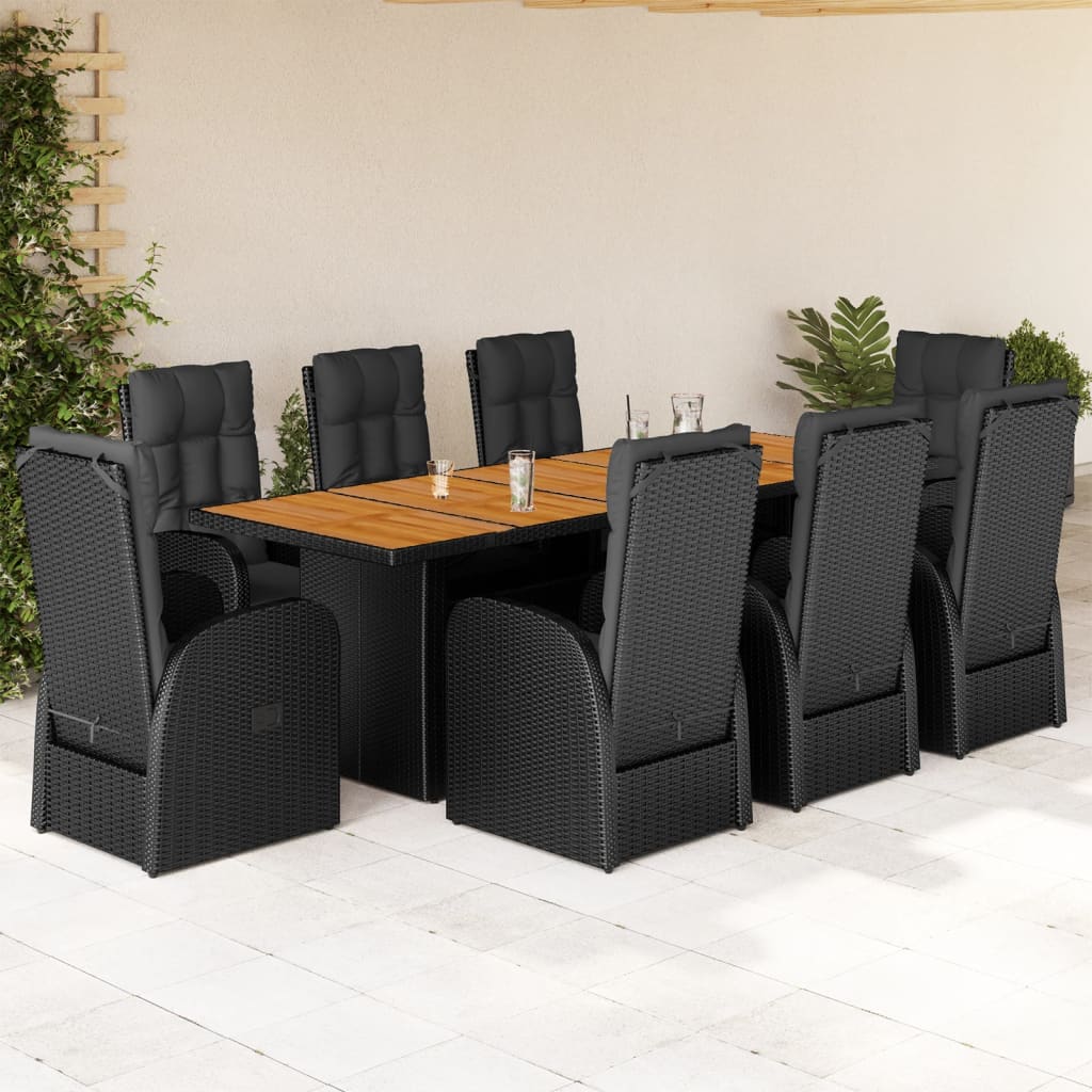 Set mobilier de gradina cu perne, 9 piese, negru, poliratan — imaginea 2