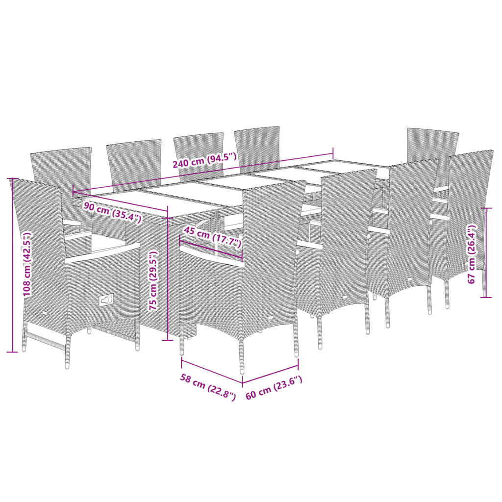 Set mobilier de gradina cu perne, 11 piese, gri, poliratan — imaginea 8