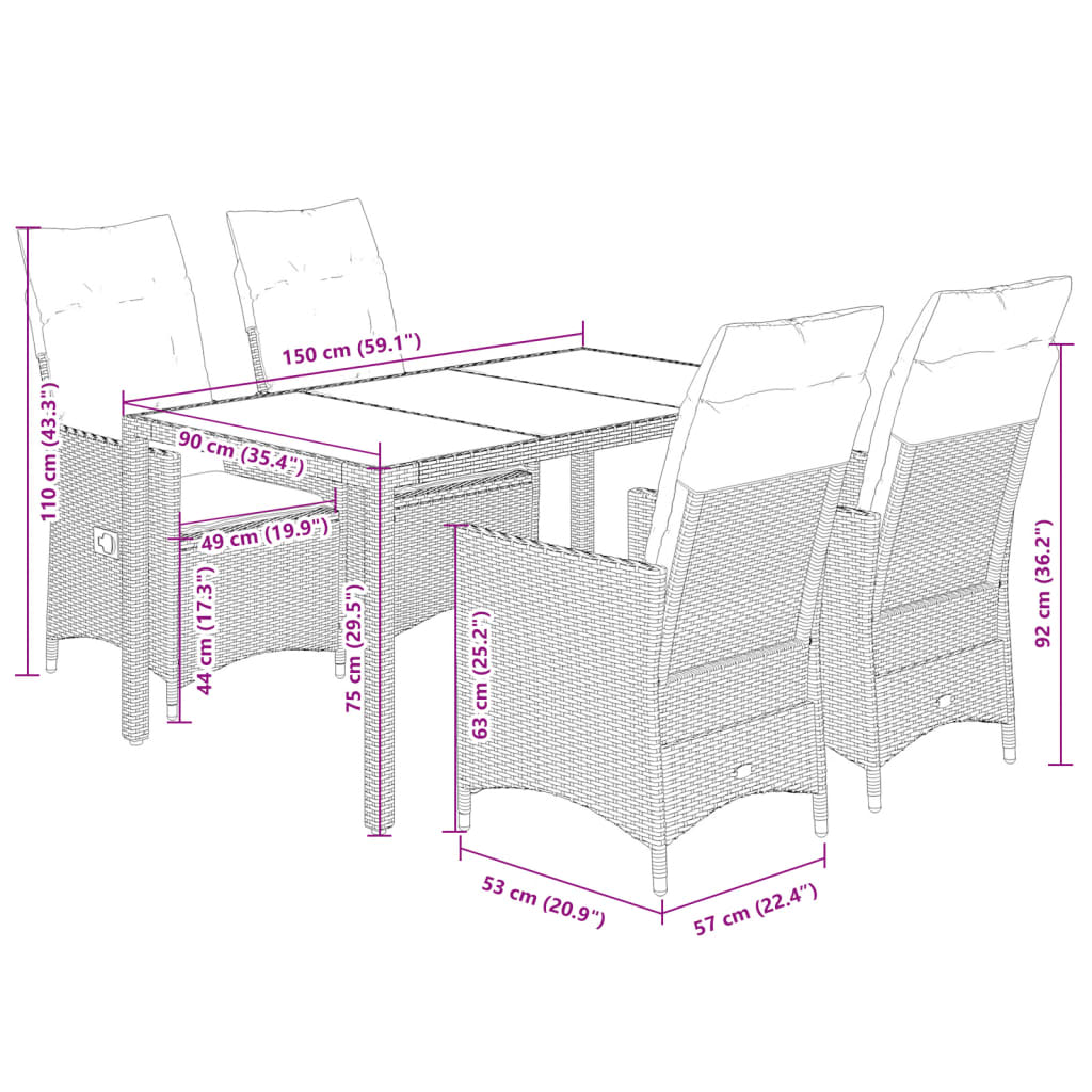 Set mobilier de gradina cu perne, 5 piese, gri, poliratan — imaginea 7