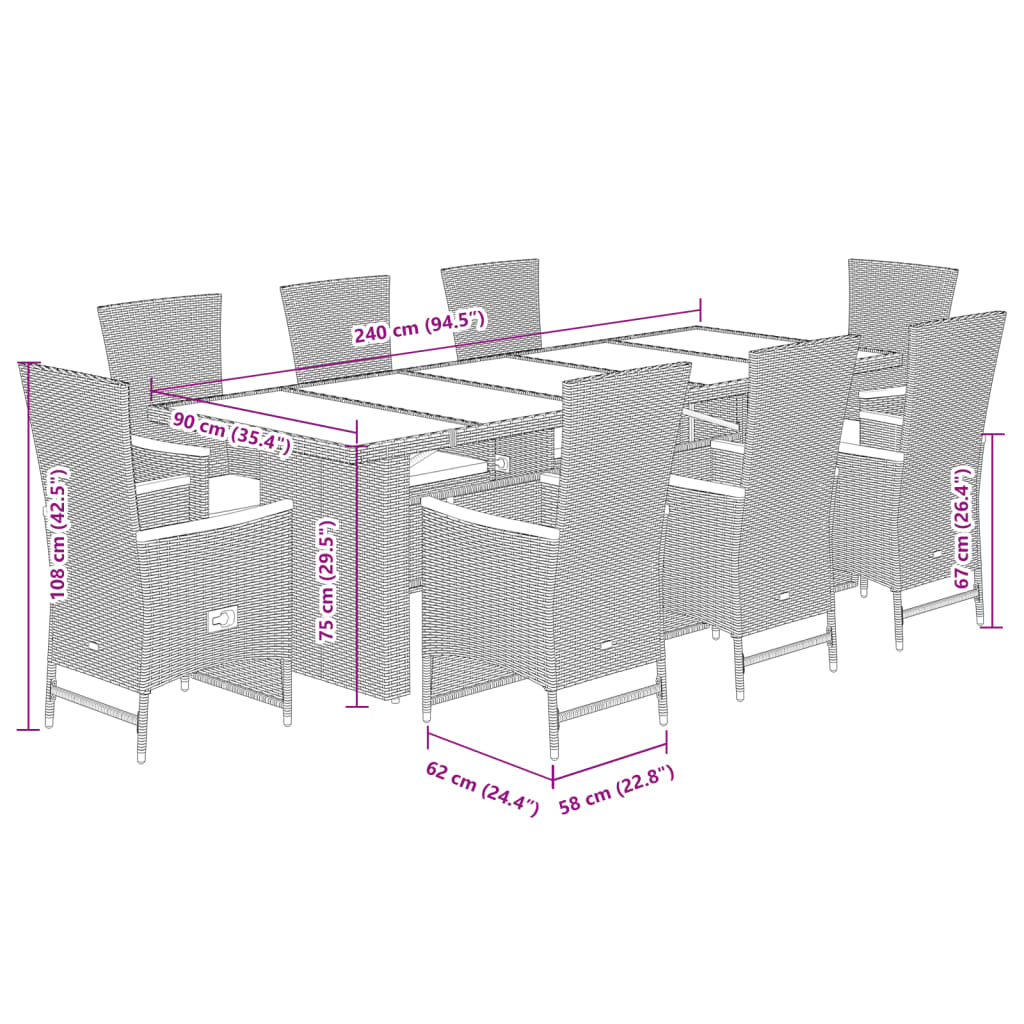 Set mobilier gradina cu perne, 9 piese, gri, poliratan — imaginea 7
