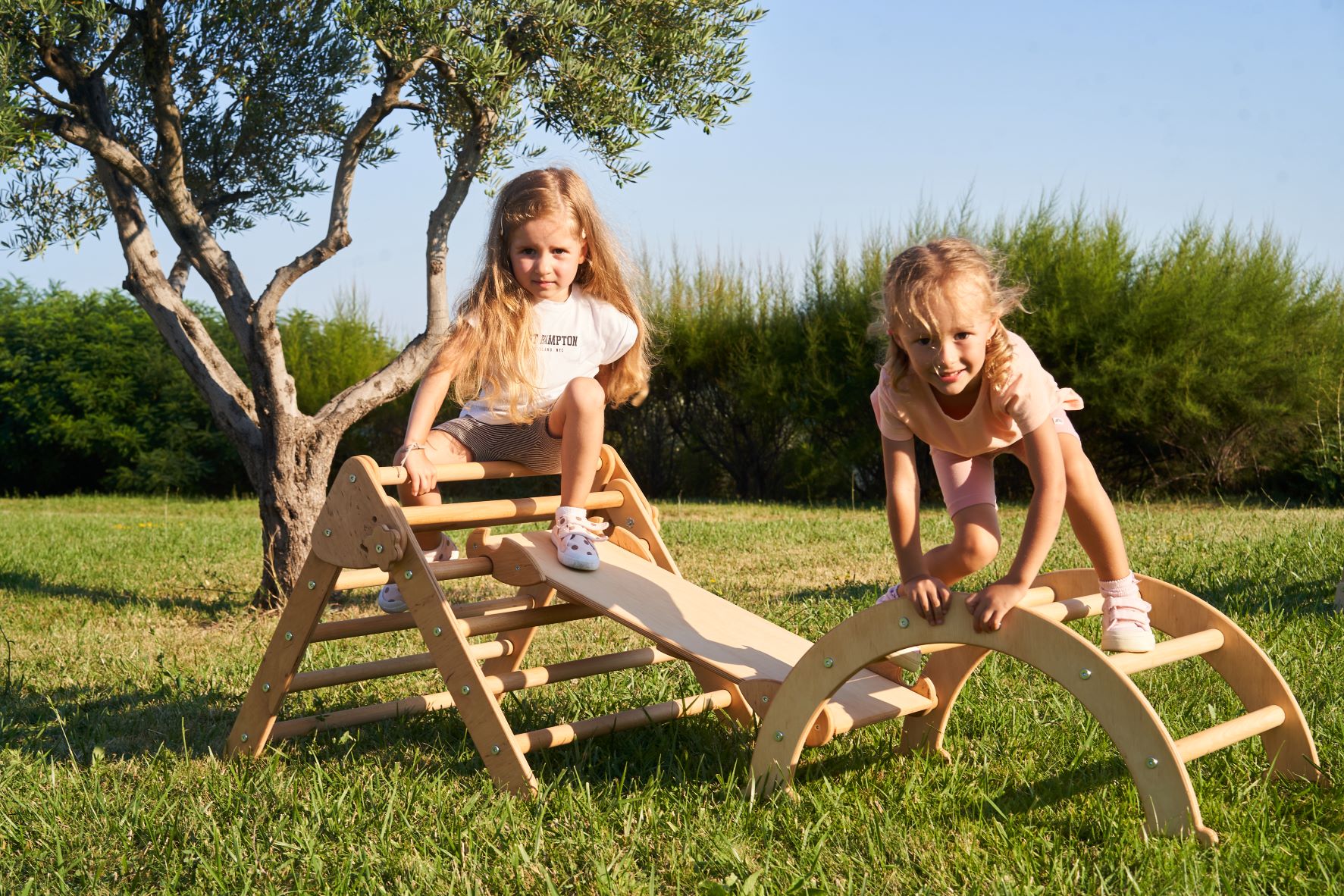 Set de catarare mic 3in1, Triunghi Pikler cu Rampa si Arc Escaladare, 1-3 ani, lemn, greutate 15 kg, lemn natural - 3 | YEO