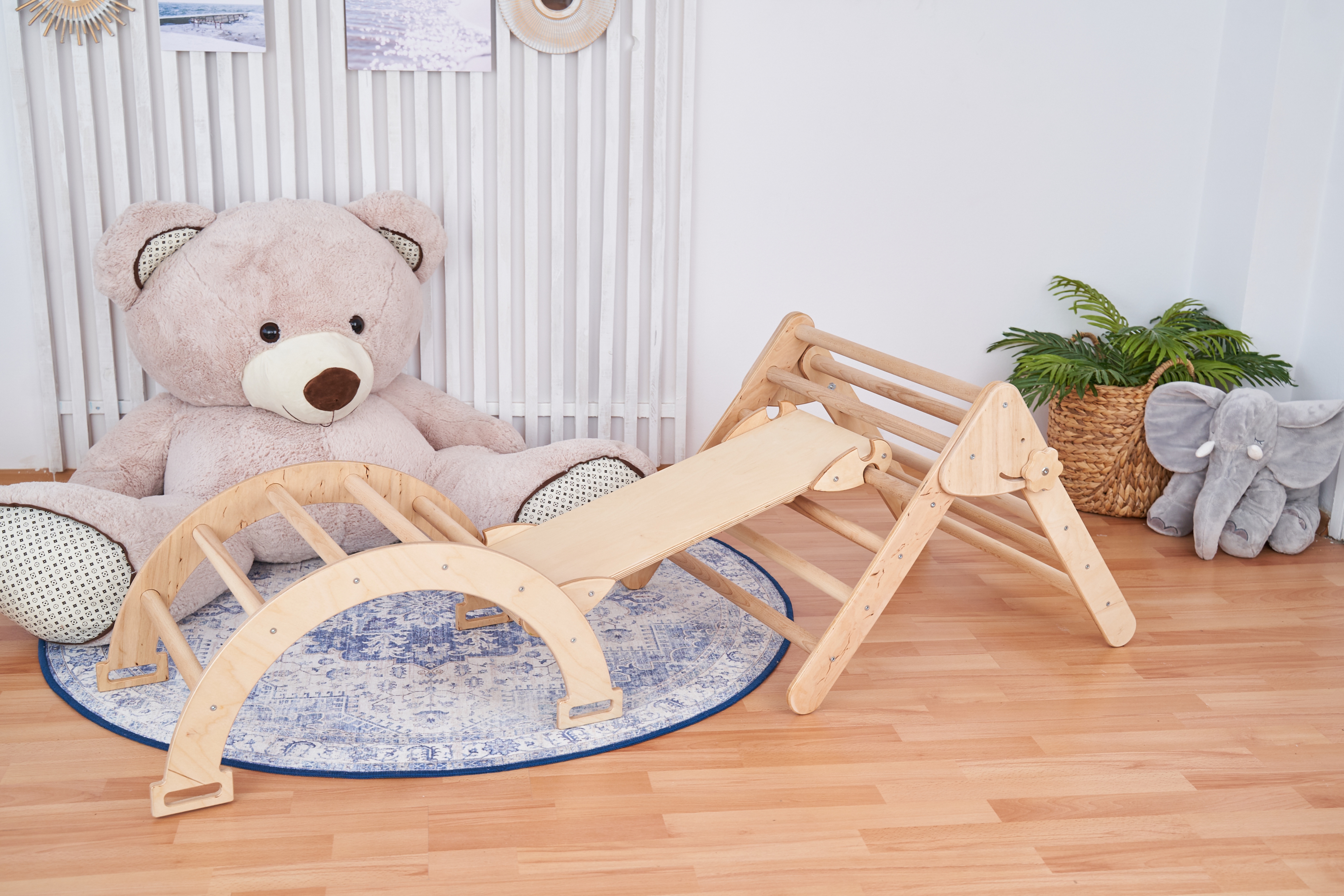 Set de catarare mic 3in1, Triunghi Pikler cu Rampa si Arc Escaladare, 1-3 ani, lemn, greutate 15 kg, lemn natural - imagine 6
