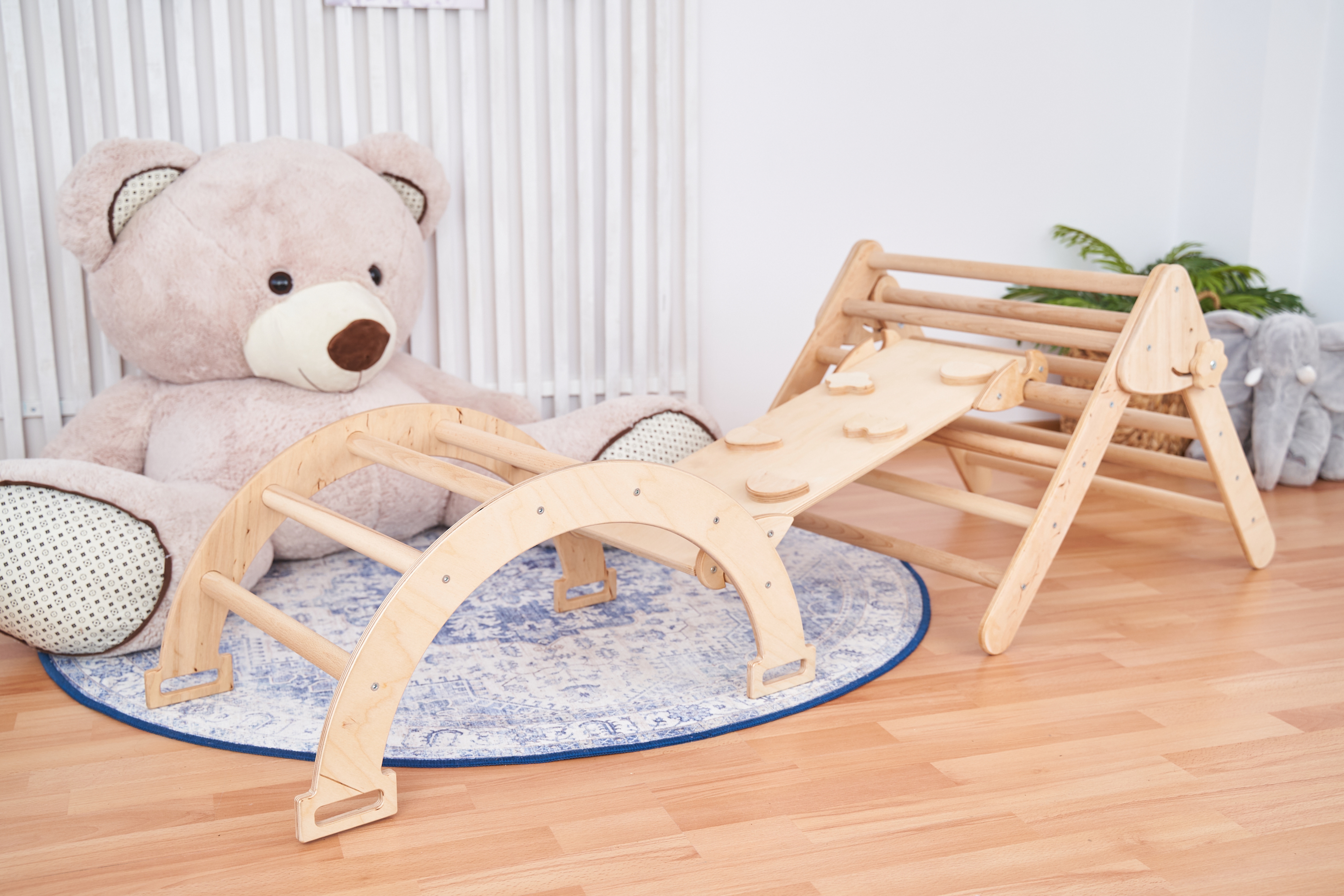 Set de catarare mic 3in1, Triunghi Pikler cu Rampa si Arc Escaladare, 1-3 ani, lemn, greutate 15 kg, lemn natural