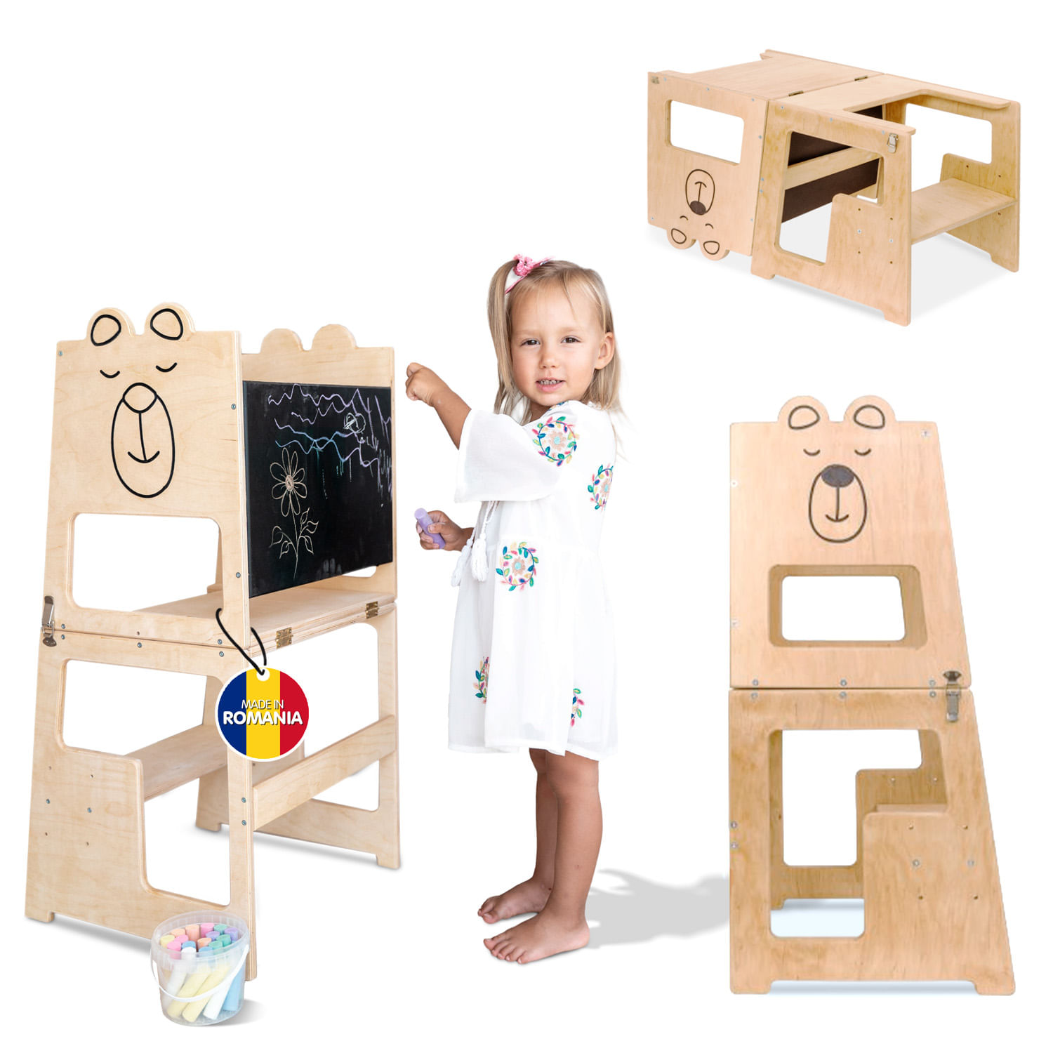 Turn de invatare 4in1 pentru copii Bear, Pikler Learning Tower, Multifunctional, cu tabla de desen, +12 luni