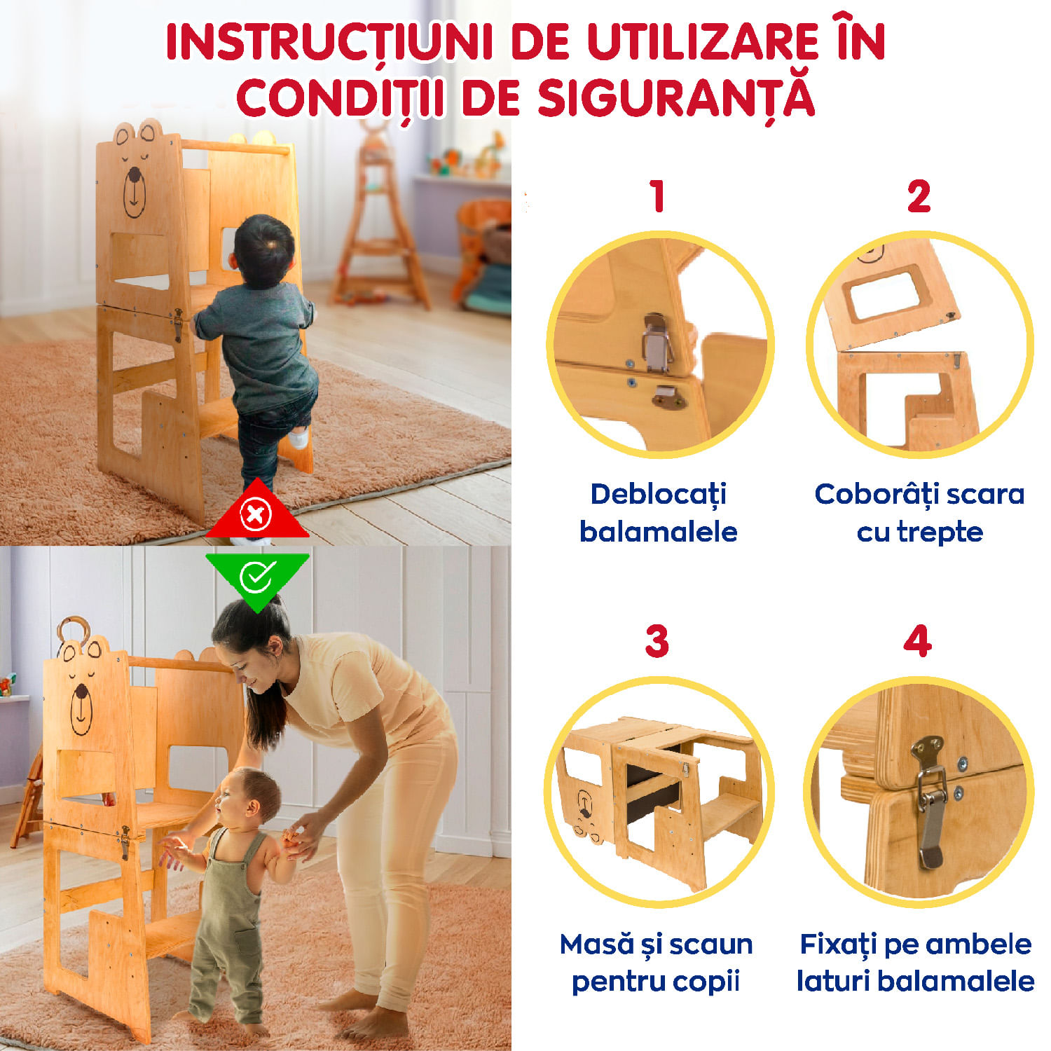 Turn de invatare 4in1 pentru copii Bear, Pikler Learning Tower, Multifunctional, cu tabla de desen, +12 luni - 1 | YEO