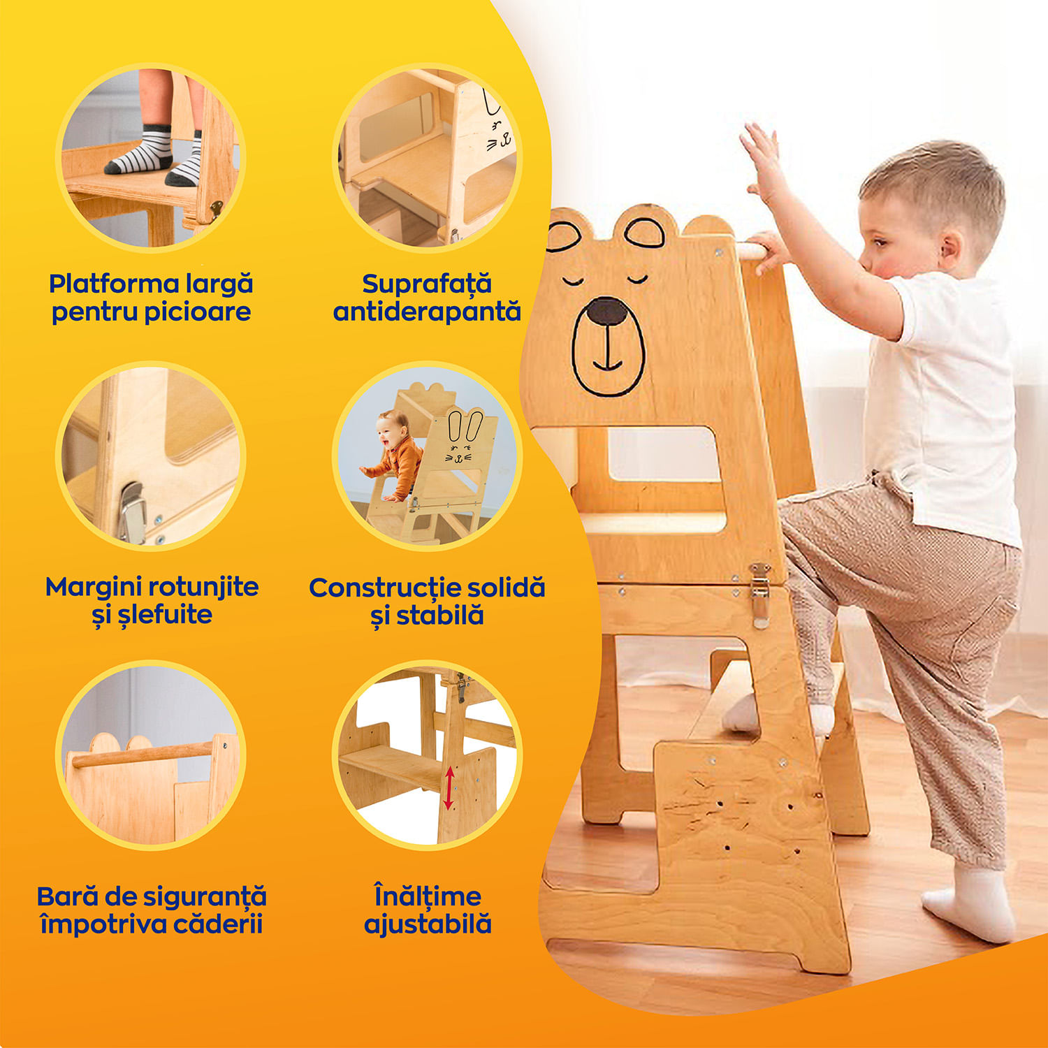 Turn de invatare 4in1 pentru copii Bear, Pikler Learning Tower, Multifunctional, cu tabla de desen, +12 luni - 2 | YEO