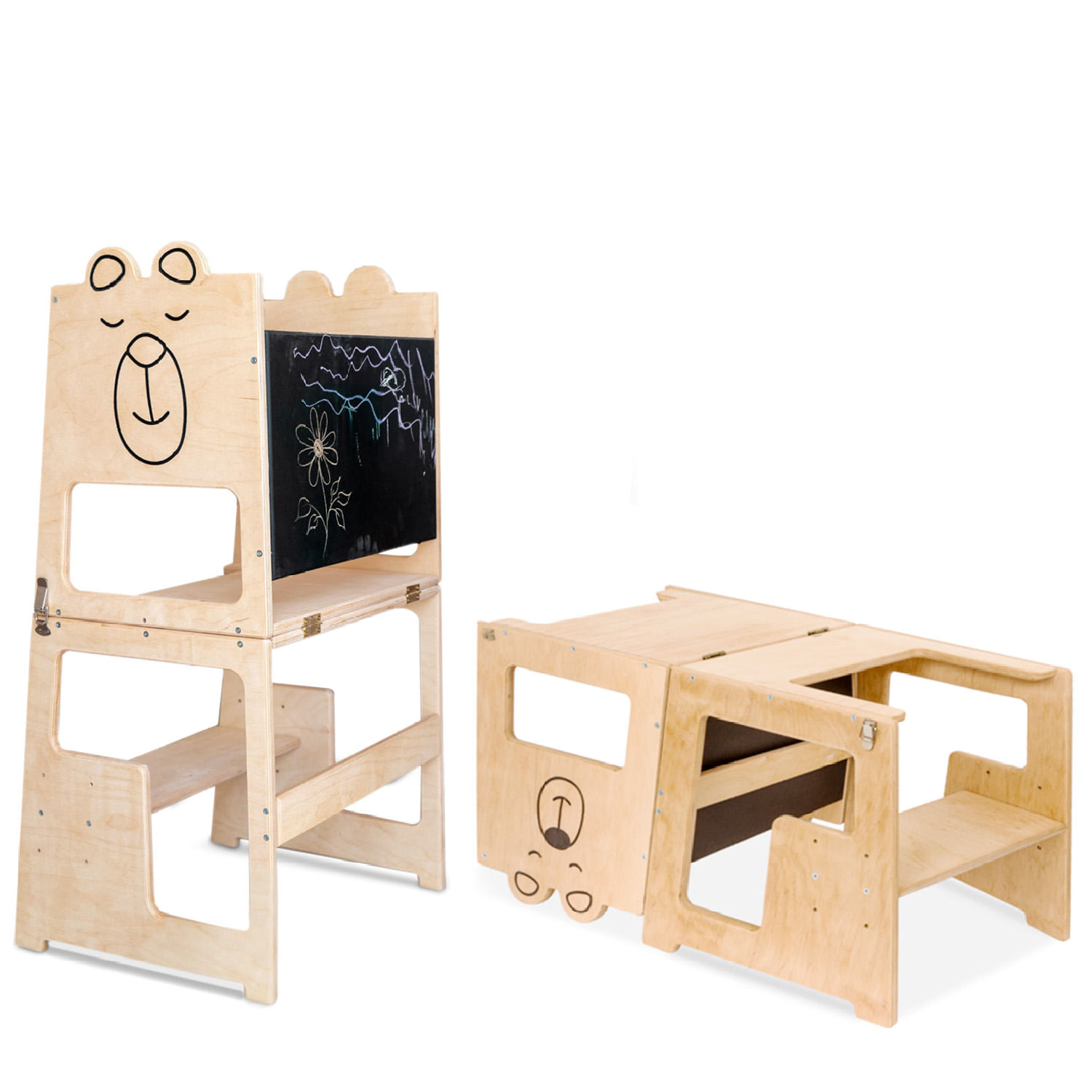 Turn de invatare 4in1 pentru copii Bear, Pikler Learning Tower, Multifunctional, cu tabla de desen, +12 luni - 3 | YEO