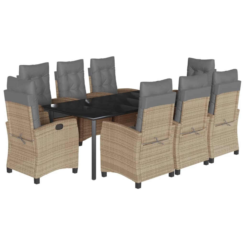 Set de masa pentru gradina, 9 piese, cu perne, bej, poliratan