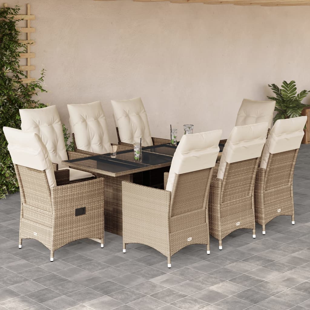 Set de masa pentru gradina, 9 piese, cu perne, bej, poliratan — imaginea 2