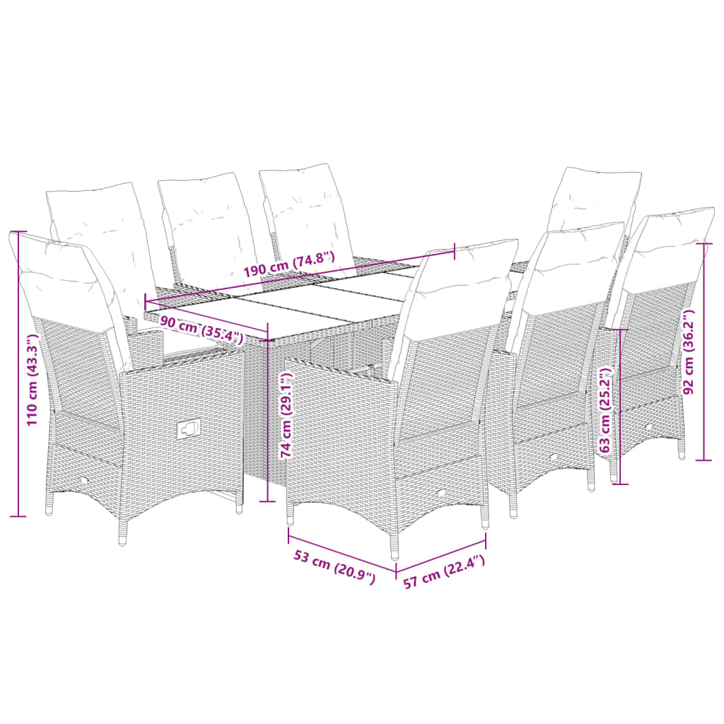 Set de masa pentru gradina, 9 piese, cu perne, bej, poliratan — imaginea 9