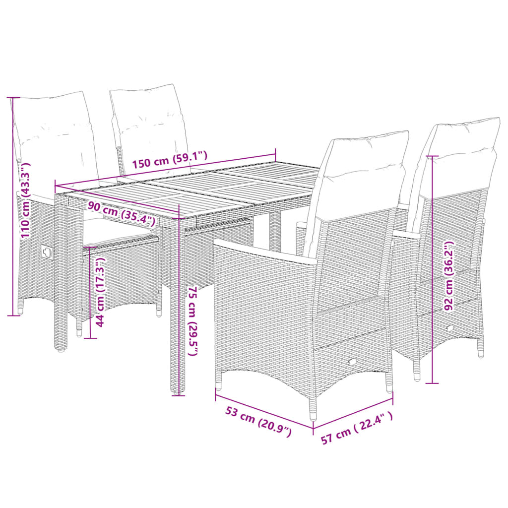 Set mobilier de gradina cu perne, 5 piese, gri, poliratan — imaginea 7